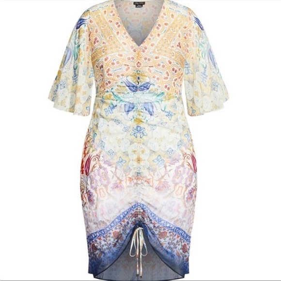 NWT City Chic Mirror Zambia Printed Shirred Knee Length Dress - Picture 2 of 8